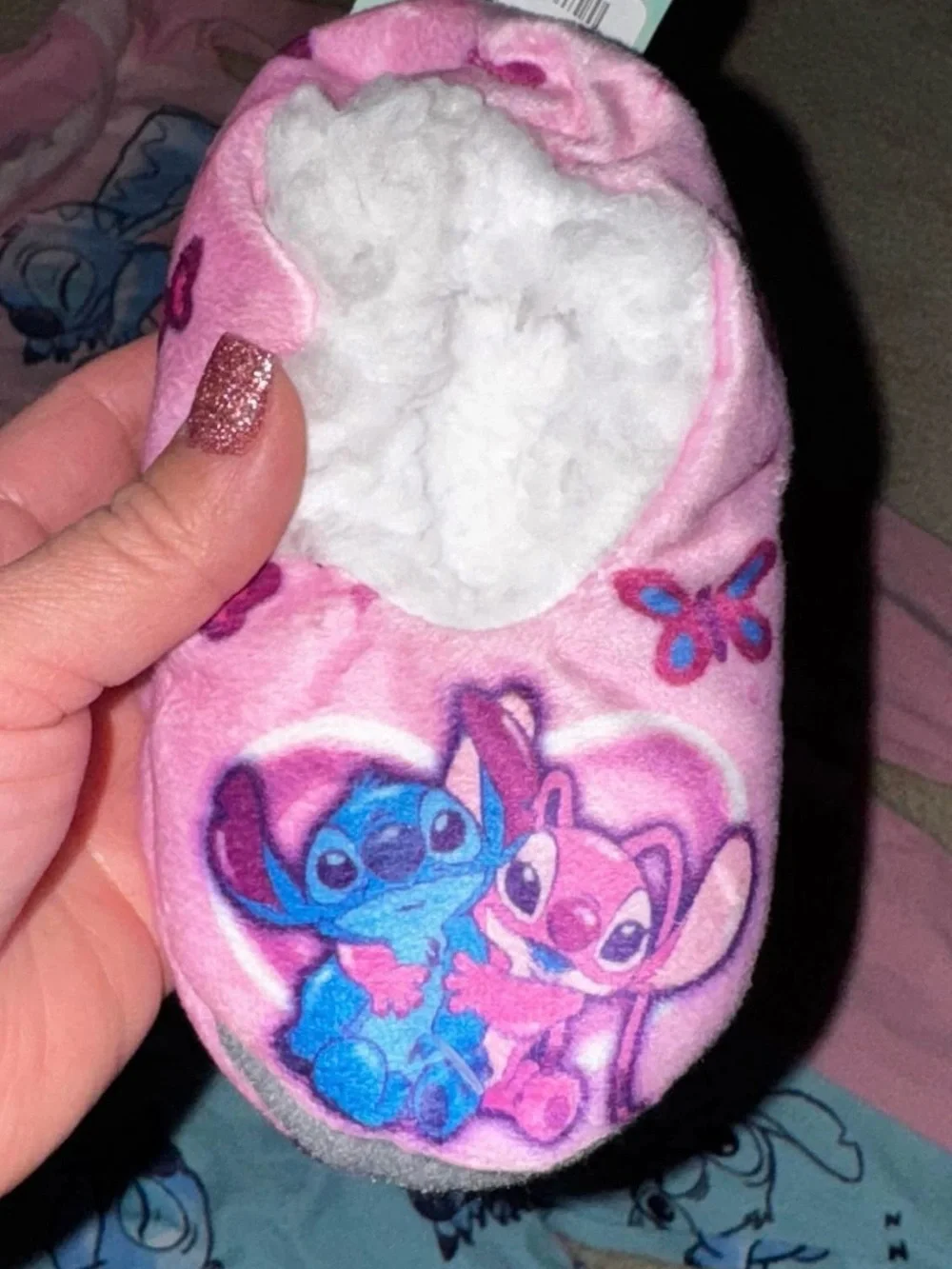 Disney Stitch Girls 4T 2-Piece Long Sleeve Knit Pajama Set Pink & Blue & Slipper
